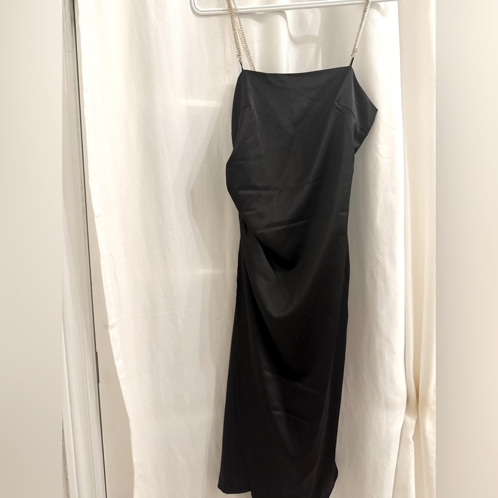 Black evening dress small crystal straps fitted body dress